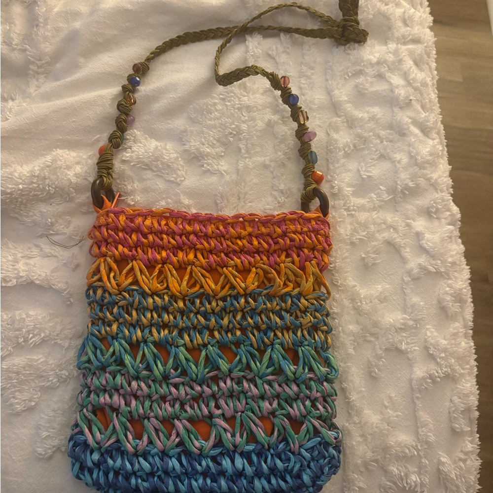 Cappelli Straw Crossbody Purse Bead Detail New